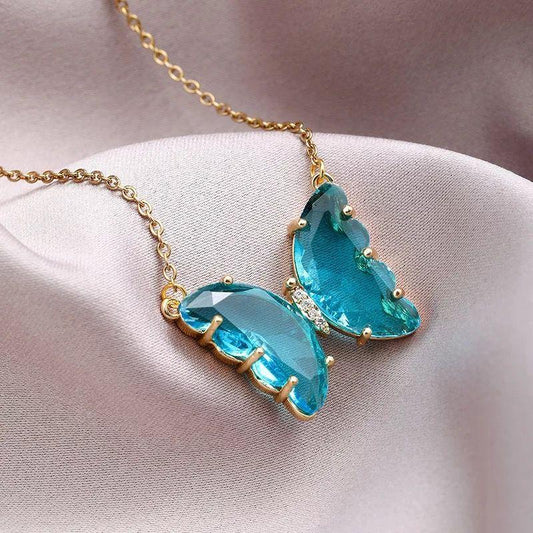 Pretty Blue Crystal Butterfly Pendant Necklace: Women's & Girls' Jewelry